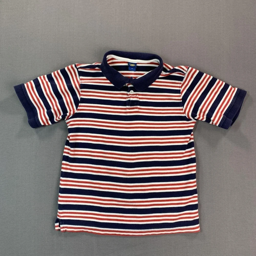 OshKosh B'gosh Polo Shirt Kids 8 Navy Red White Stripe Cotton Knit Short Sleeve